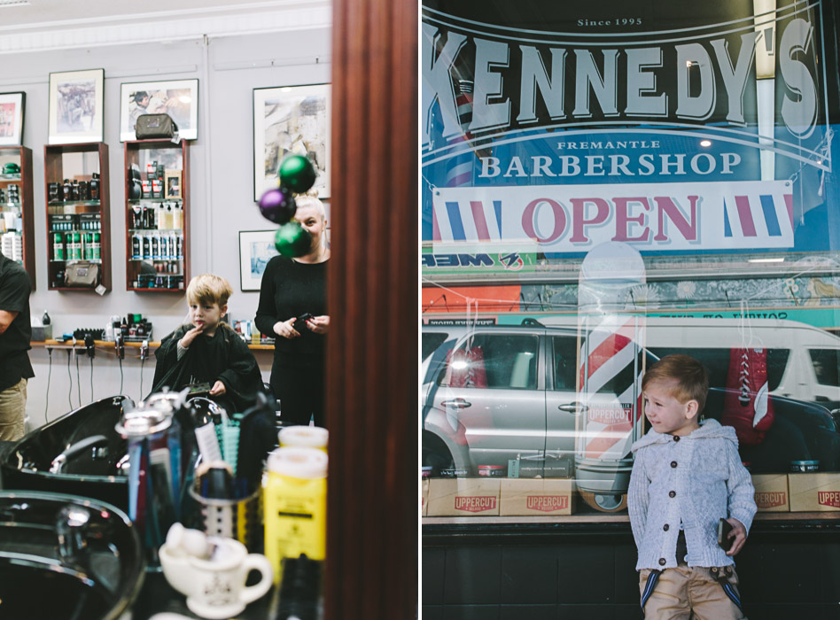 toddler standing out front of barber shop fremantle