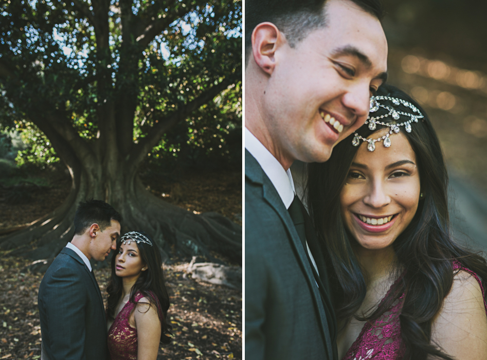 bride and groom under fig tree