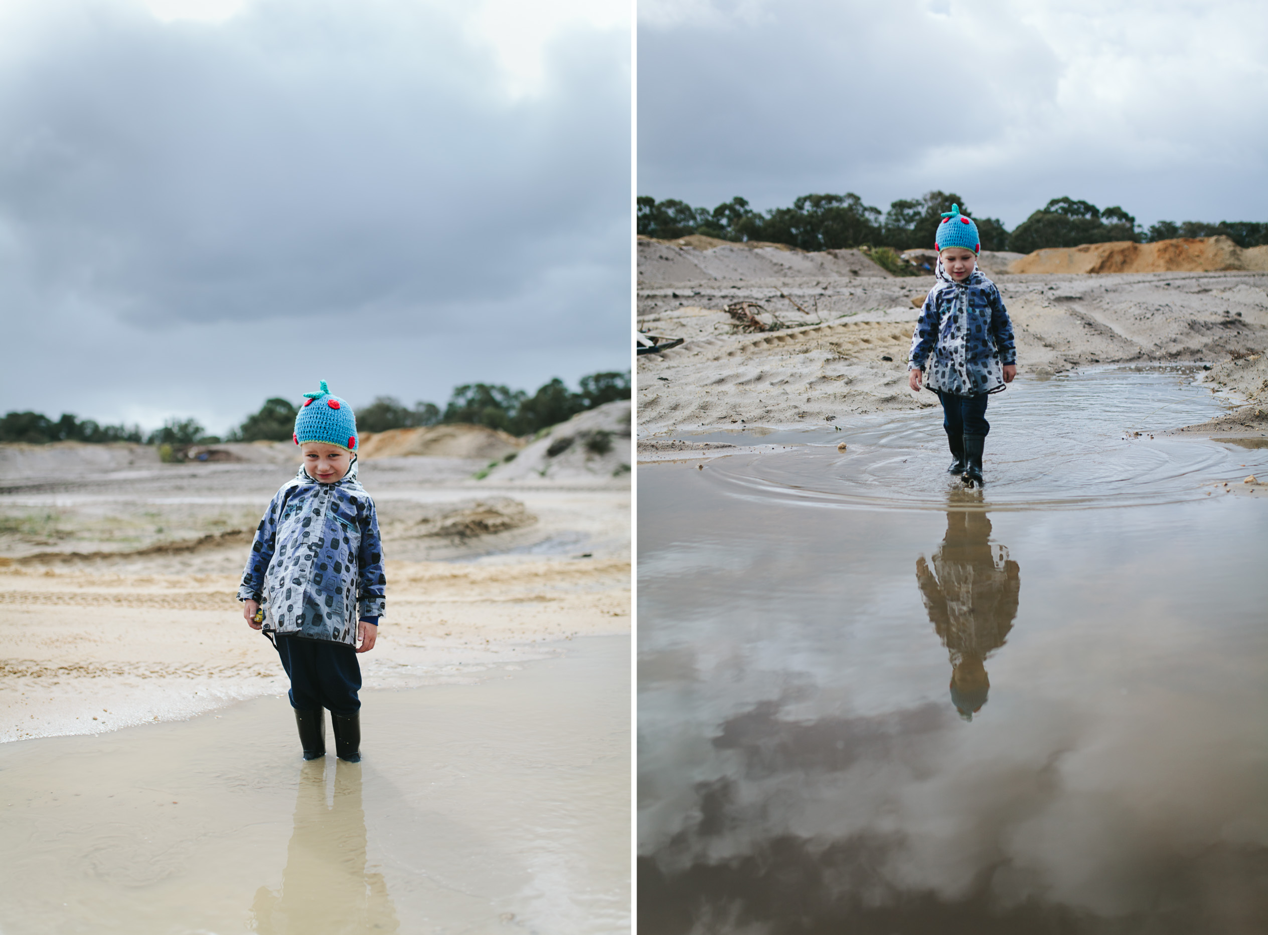 boy walking in puddles