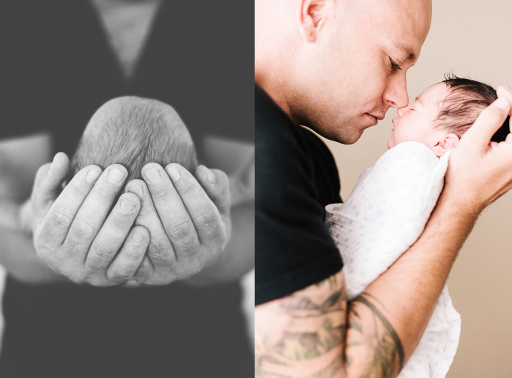 dad cradling baby in home newborn photo shoot
