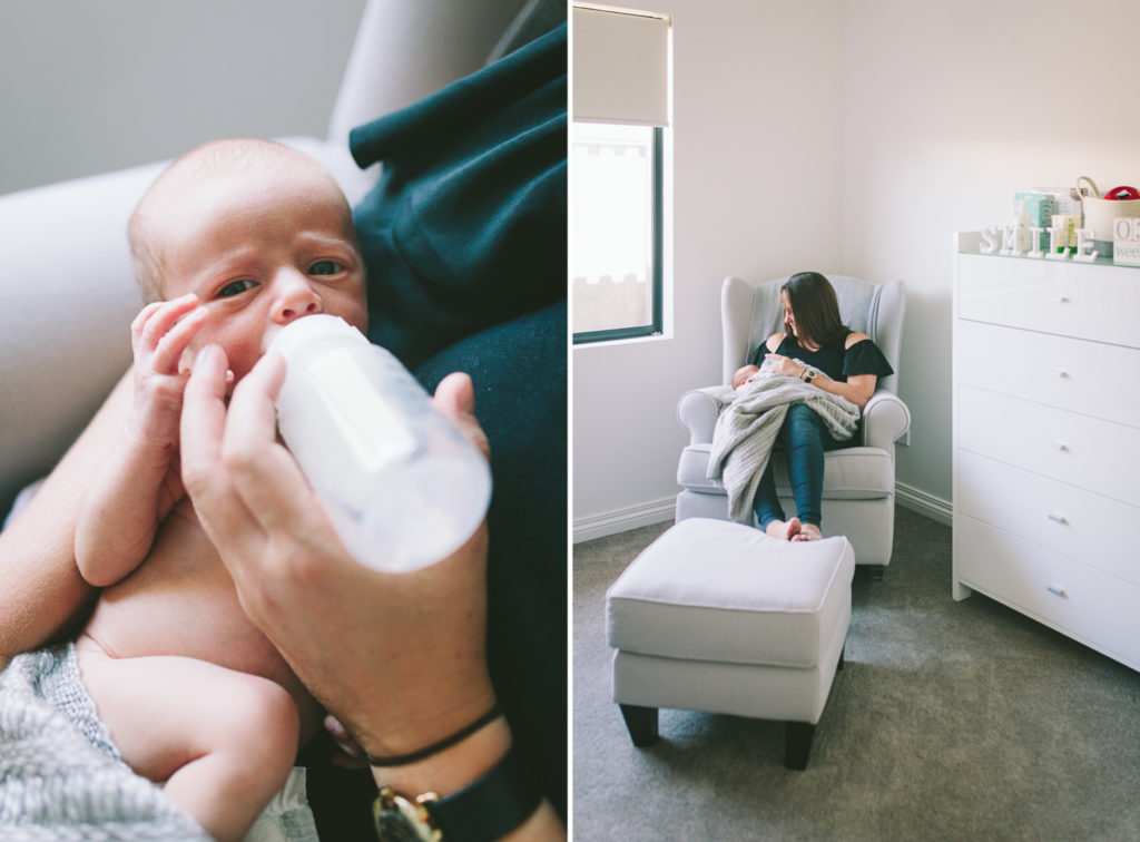 mother feeding baby at in home newborn shoot