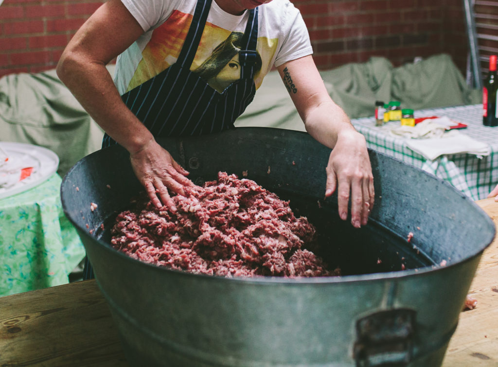 mixing sausage meat