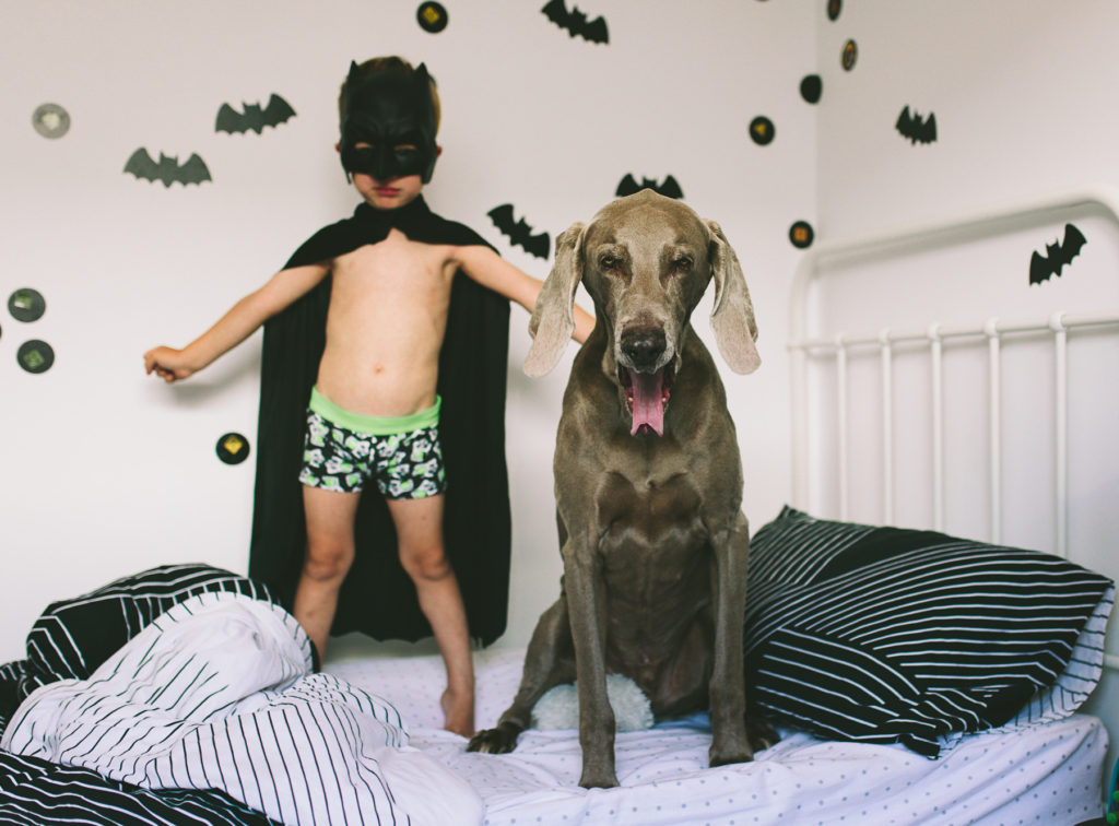 boy playing batman with his dog