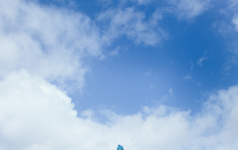 boy in clouds at top of sand hill